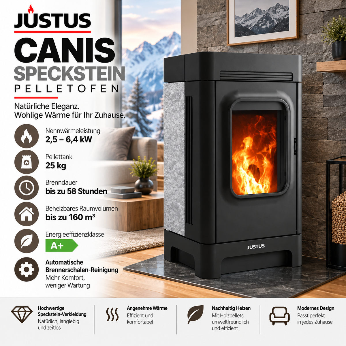 JUSTUS Canis Speckstein Pelletofen – 2,5–6,4 kW | 25 kg Pelletank | A+