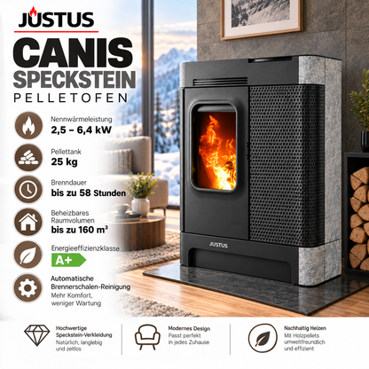 JUSTUS Canis Speckstein – Pelletofen 6,4 kW, A+, 25 kg Pellettank