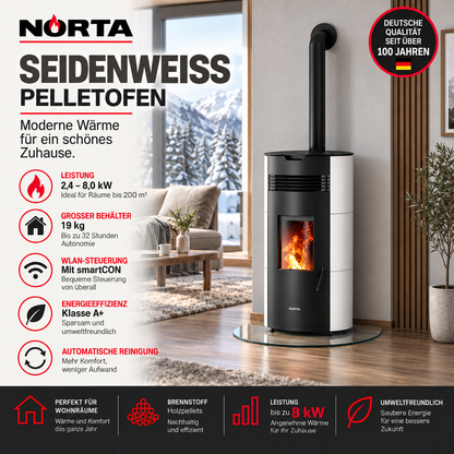 JUSTUS Norta Seidenweiß – Pelletofen 8 kW, A+, WiFi