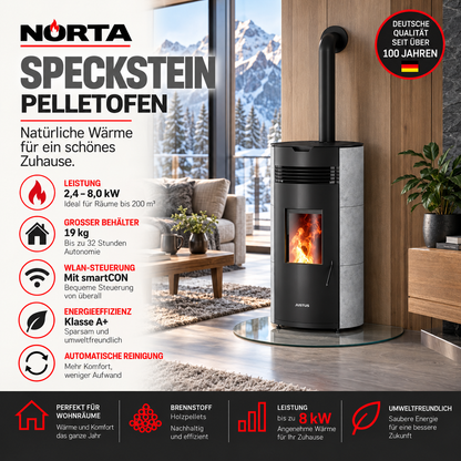JUSTUS Norta Speckstein – Pelletofen 8 kW, A+, WiFi