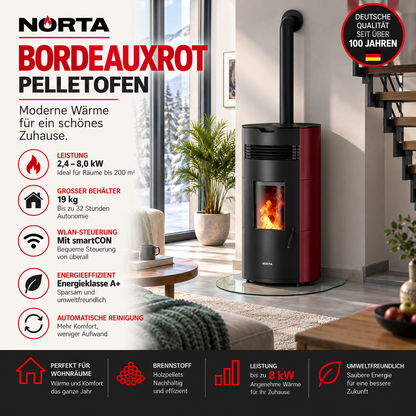 Norta Bordeauxrot – Pelletofen 8 kW, A+, WiFi, Keramik
