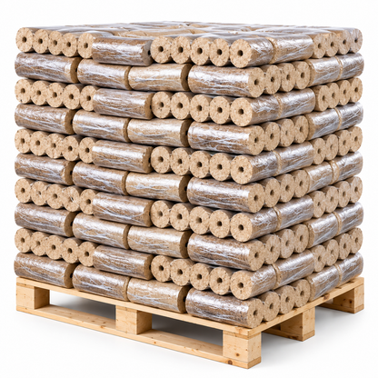 Runde Holzbriketts mit Loch – 1.000 kg Palette | Briketts für Kamin & Ofen