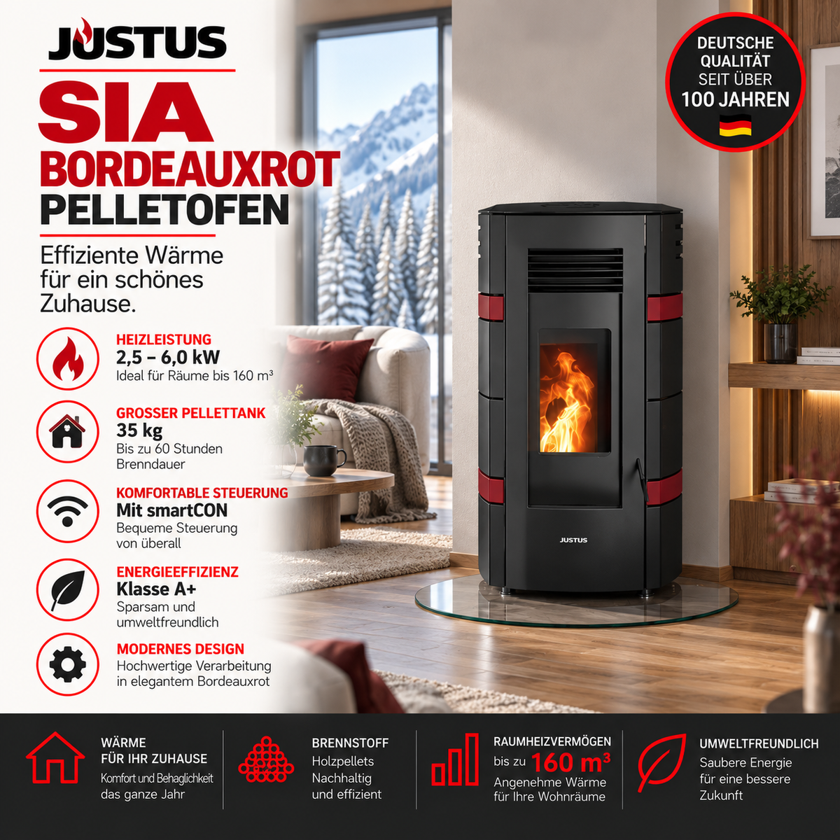 JUSTUS Sia Bordeauxrot – Pelletofen 6 kW, A+, smartCON
