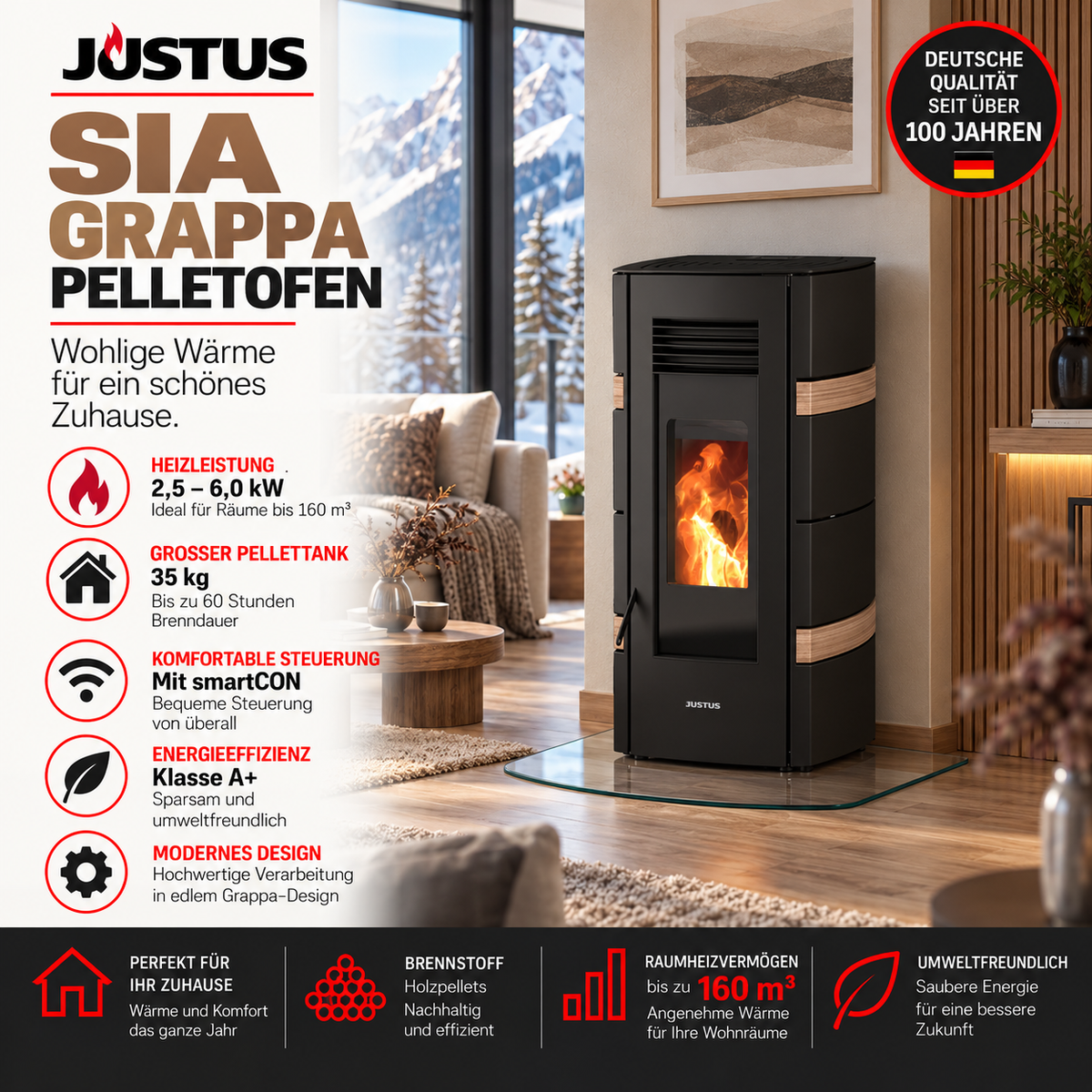 Sia Grappa – Pelletofen 6 kW, A+, 35 kg Pellettank