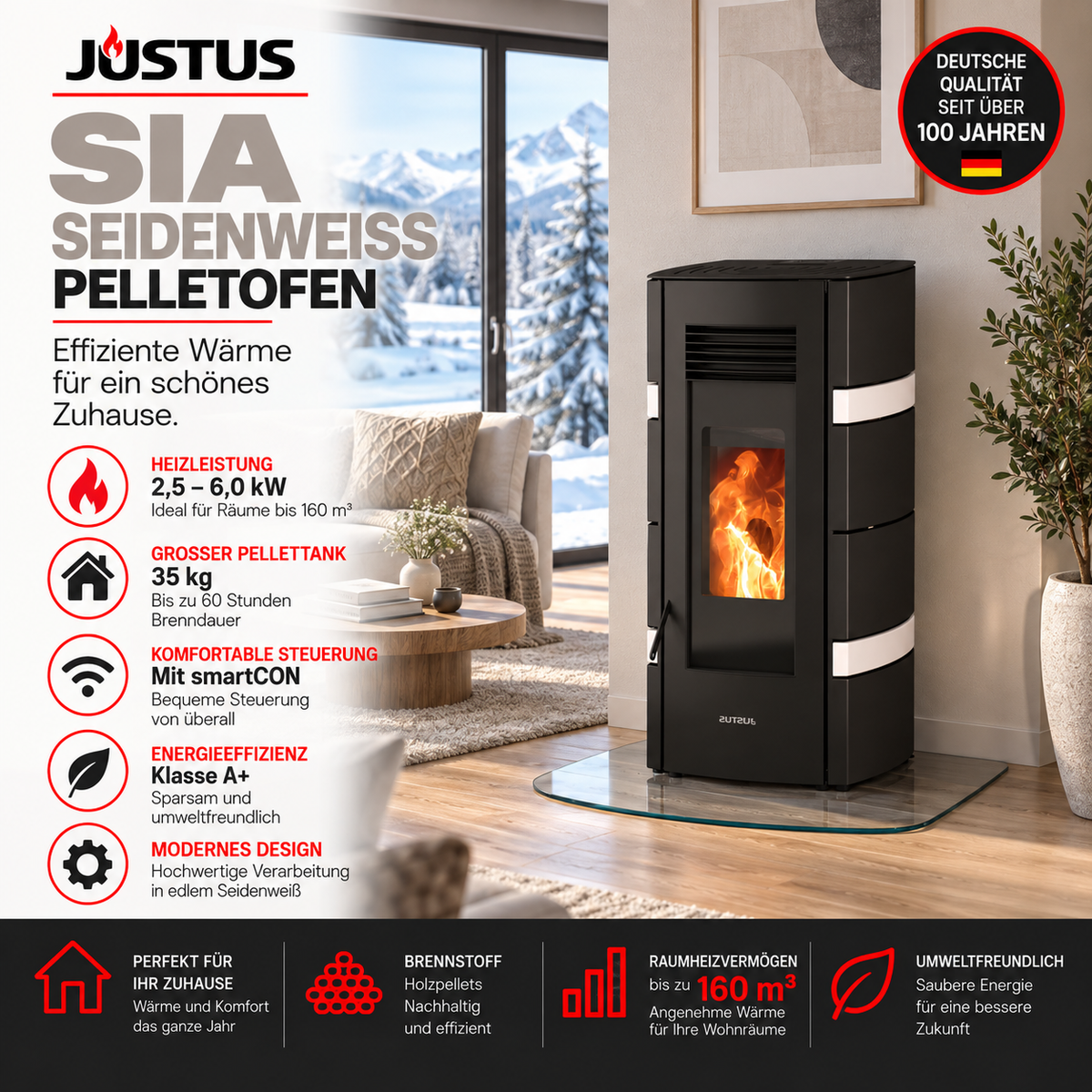 Sia Seidenweiß Pelletofen – 6 kW, A+, 35 kg Pellettank, bis 160 m³