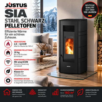 Sia Stahl Schwarz – Pelletofen 6 kW, A+, 35 kg Pellettank