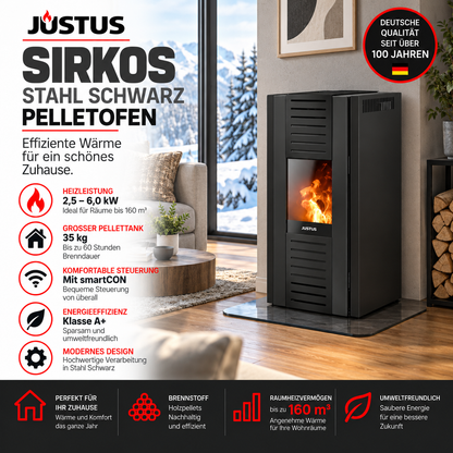Sirkos Stahl Schwarz – Pelletofen 6 kW, A+, 35 kg Pellettank