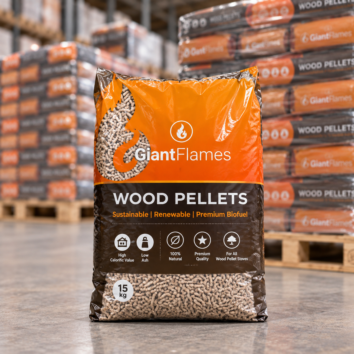 Giant Flames Holzpellets – Halbe Palette mit 35 Säcken à 15 kg | 525 kg